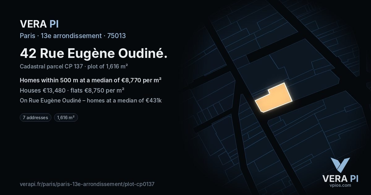 42 Rue Eugène Oudiné, 13e arrondissement at night – the plot lit, the parcels around coloured by the prices near them