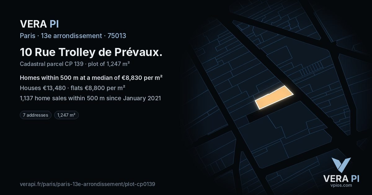 10 Rue Trolley de Prévaux, 13e arrondissement at night – the plot lit, the parcels around coloured by the prices near them