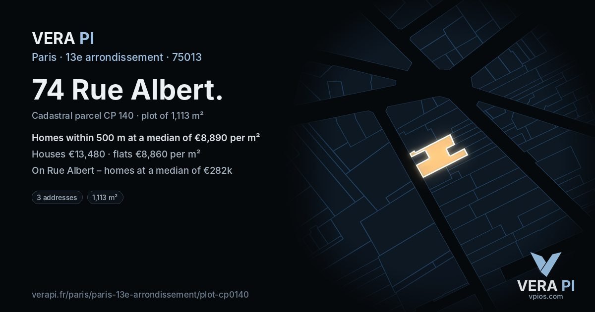74 Rue Albert, 13e arrondissement at night – the plot lit, the parcels around coloured by the prices near them
