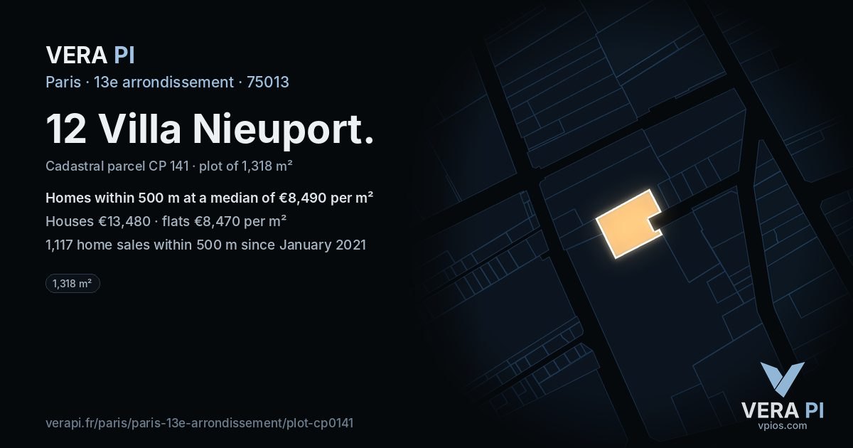 12 Villa Nieuport, 13e arrondissement at night – the plot lit, the parcels around coloured by the prices near them