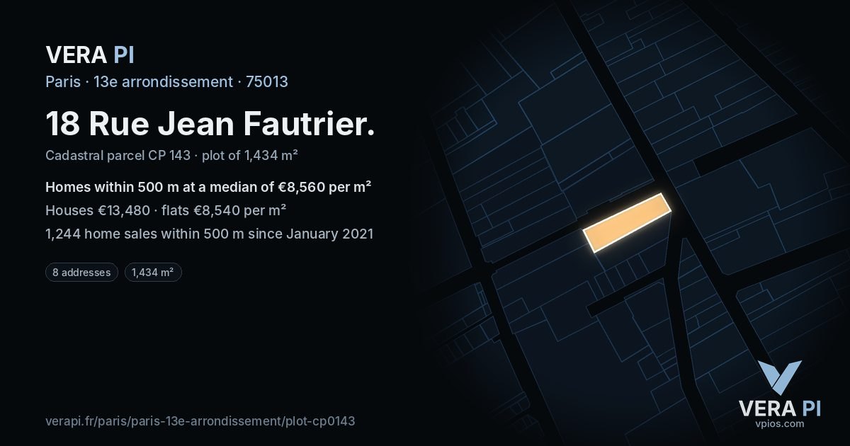 18 Rue Jean Fautrier, 13e arrondissement at night – the plot lit, the parcels around coloured by the prices near them