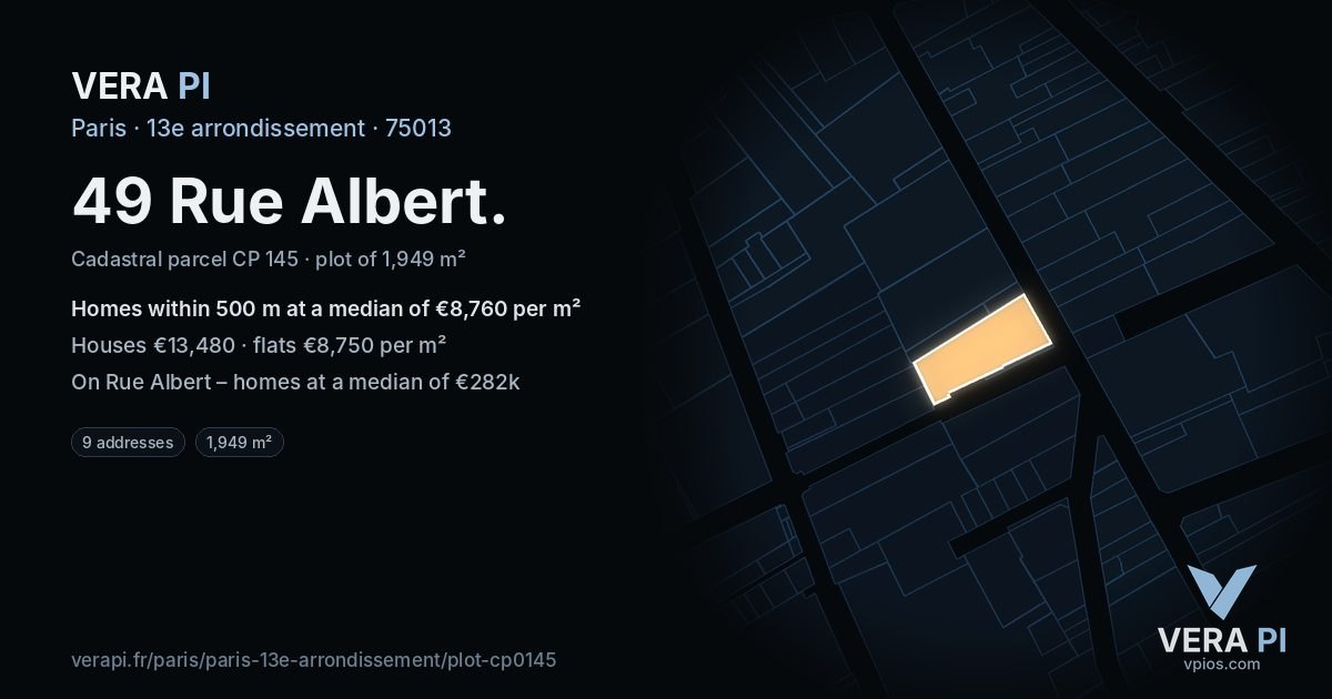 49 Rue Albert, 13e arrondissement at night – the plot lit, the parcels around coloured by the prices near them