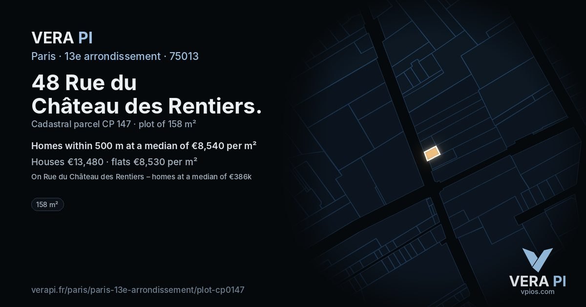48 Rue du Château des Rentiers, 13e arrondissement at night – the plot lit, the parcels around coloured by the prices near them