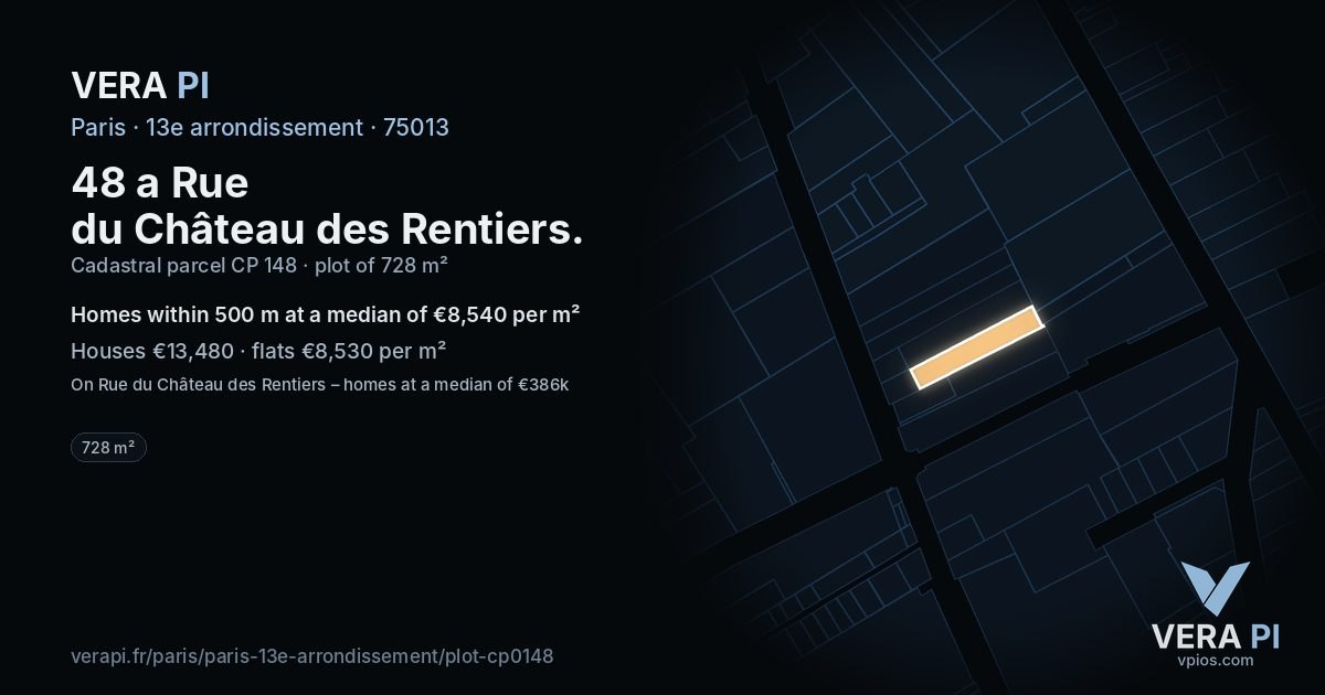 48 a Rue du Château des Rentiers, 13e arrondissement at night – the plot lit, the parcels around coloured by the prices near them