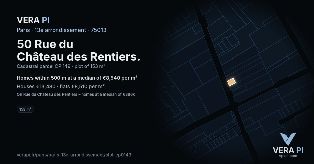 50 Rue du Château des Rentiers, 13e arrondissement at night – the plot lit, the parcels around coloured by the prices near them