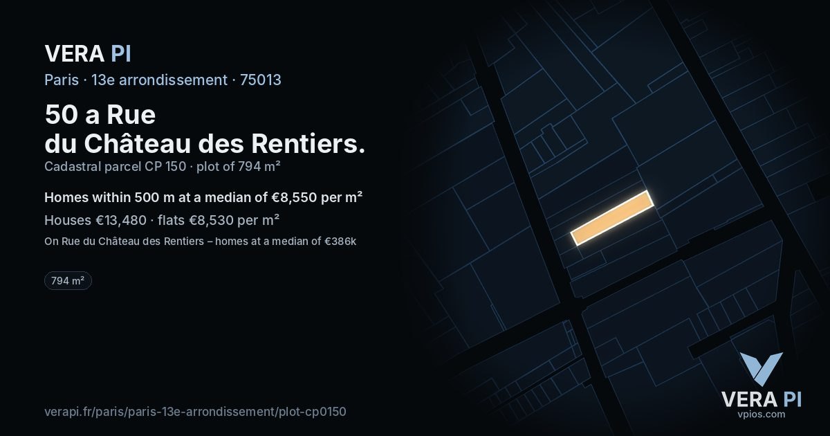 50 a Rue du Château des Rentiers, 13e arrondissement at night – the plot lit, the parcels around coloured by the prices near them
