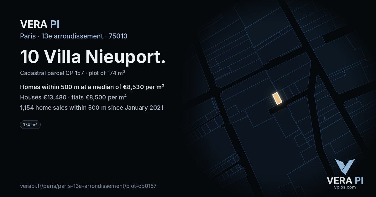 10 Villa Nieuport, 13e arrondissement at night – the plot lit, the parcels around coloured by the prices near them