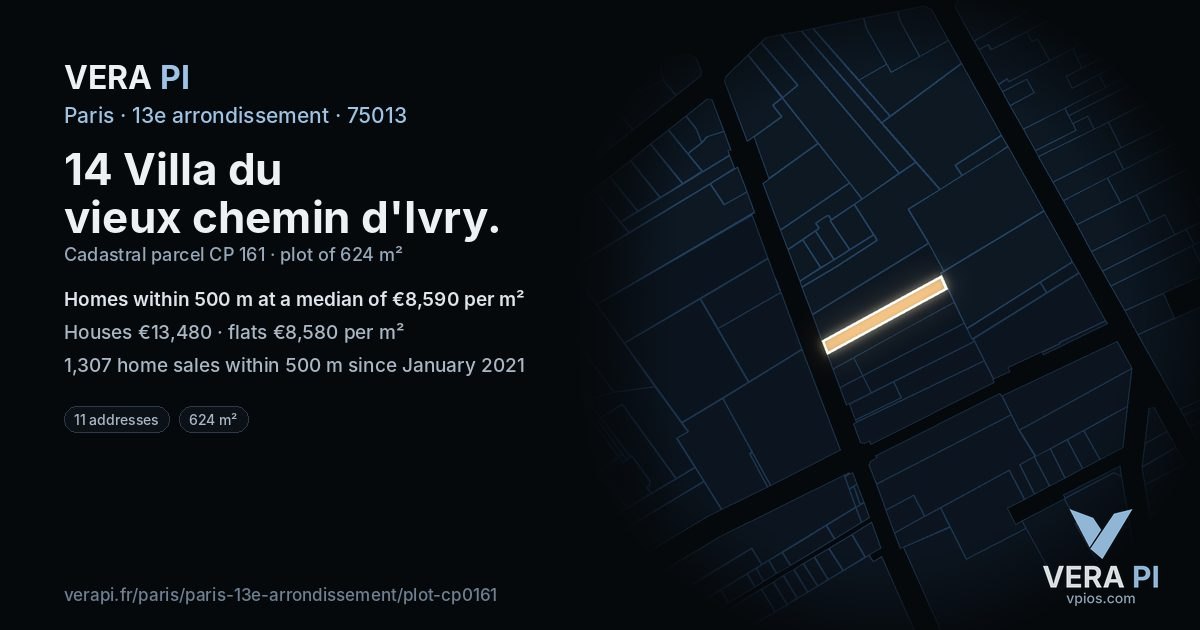 14 Villa du vieux chemin d'Ivry, 13e arrondissement at night – the plot lit, the parcels around coloured by the prices near them