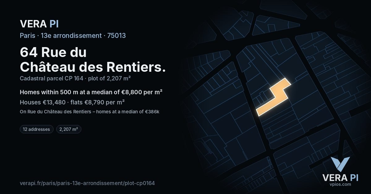 64 Rue du Château des Rentiers, 13e arrondissement at night – the plot lit, the parcels around coloured by the prices near them