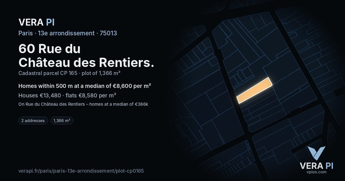 60 Rue du Château des Rentiers, 13e arrondissement at night – the plot lit, the parcels around coloured by the prices near them