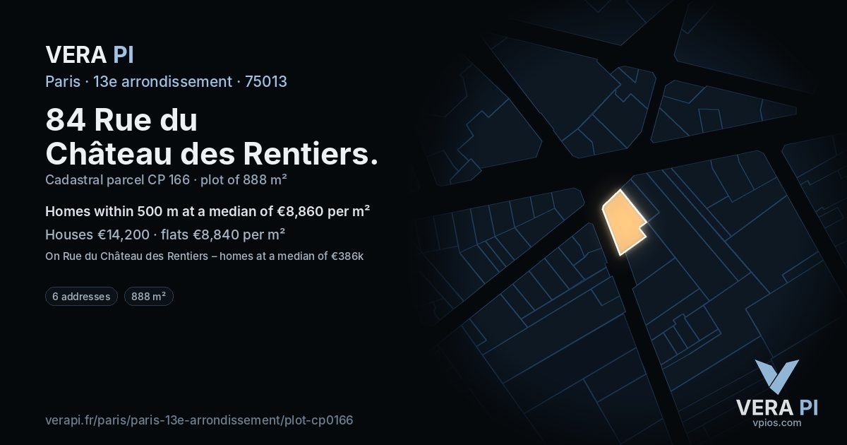 84 Rue du Château des Rentiers, 13e arrondissement at night – the plot lit, the parcels around coloured by the prices near them