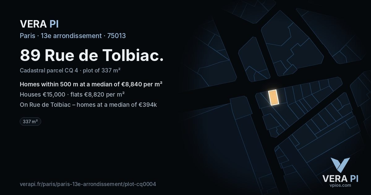 89 Rue de Tolbiac, 13e arrondissement at night – the plot lit, the parcels around coloured by the prices near them