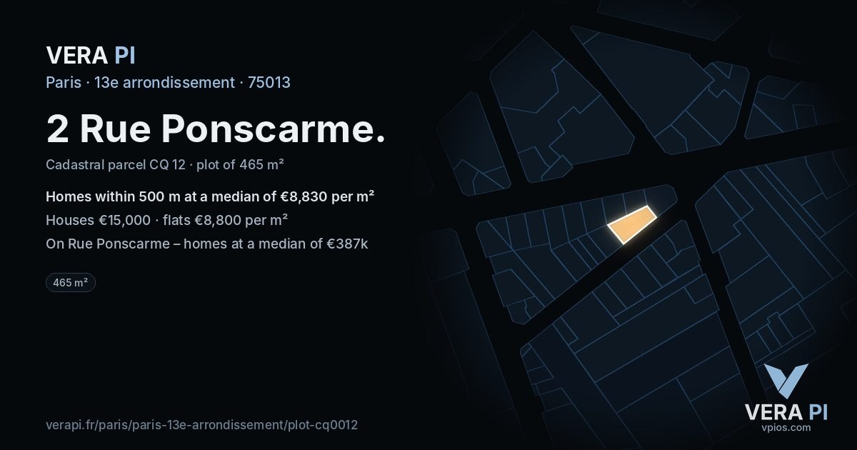 2 Rue Ponscarme, 13e arrondissement at night – the plot lit, the parcels around coloured by the prices near them