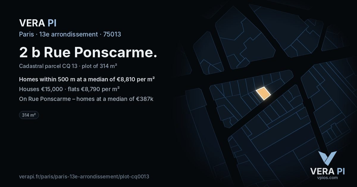 2 b Rue Ponscarme, 13e arrondissement at night – the plot lit, the parcels around coloured by the prices near them