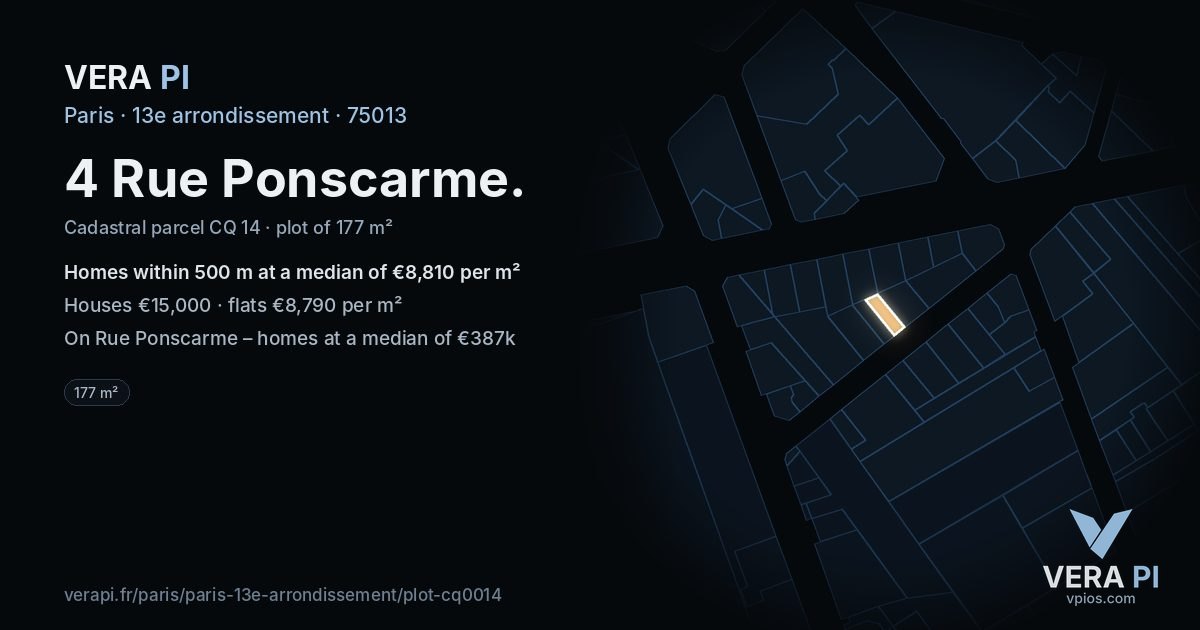 4 Rue Ponscarme, 13e arrondissement at night – the plot lit, the parcels around coloured by the prices near them