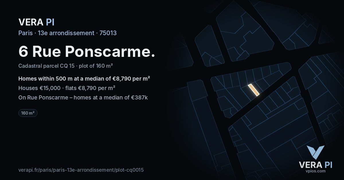 6 Rue Ponscarme, 13e arrondissement at night – the plot lit, the parcels around coloured by the prices near them