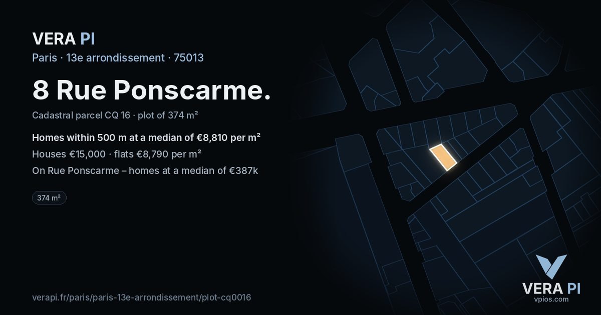 8 Rue Ponscarme, 13e arrondissement at night – the plot lit, the parcels around coloured by the prices near them
