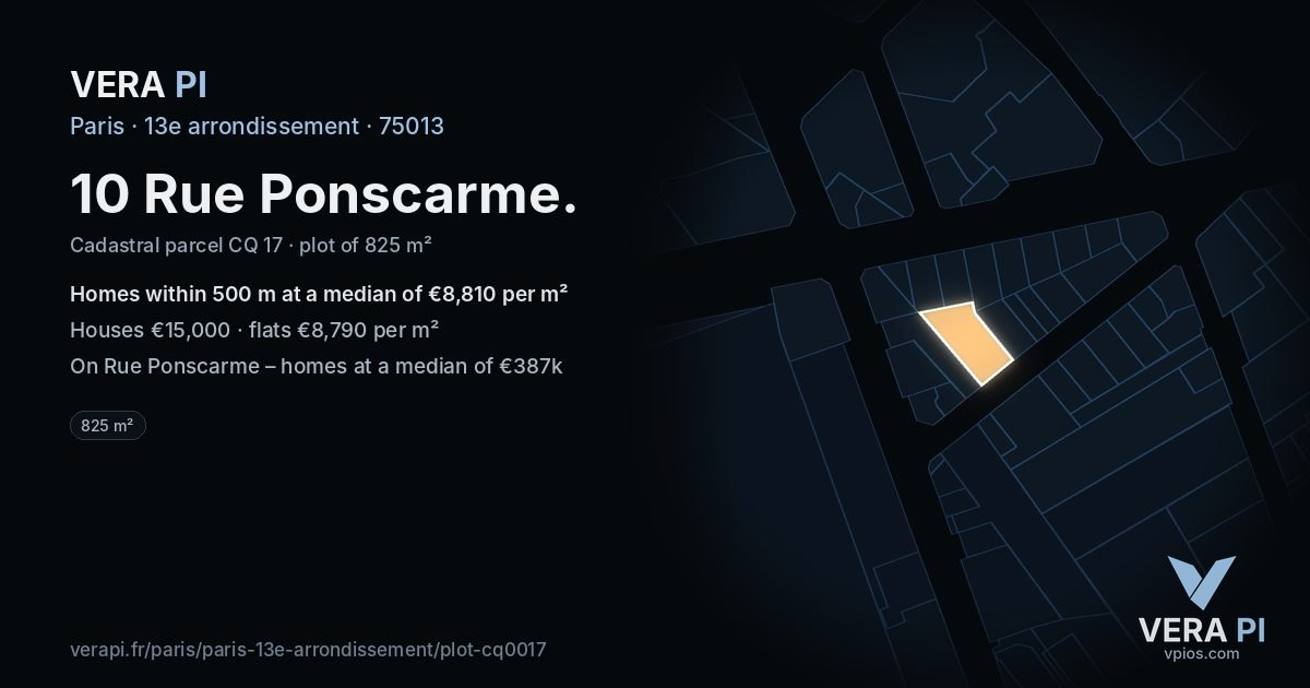 10 Rue Ponscarme, 13e arrondissement at night – the plot lit, the parcels around coloured by the prices near them