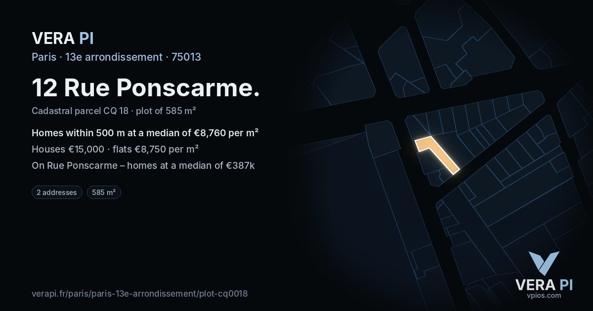 12 Rue Ponscarme, 13e arrondissement at night – the plot lit, the parcels around coloured by the prices near them