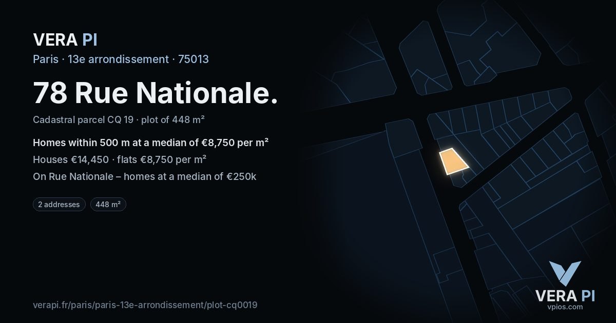 78 Rue Nationale, 13e arrondissement at night – the plot lit, the parcels around coloured by the prices near them