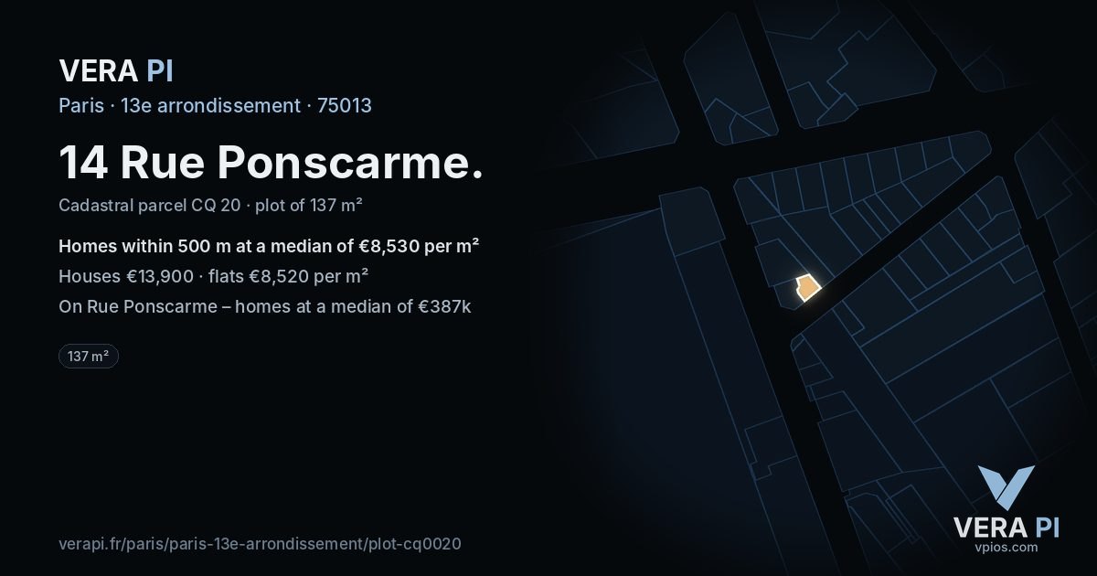 14 Rue Ponscarme, 13e arrondissement at night – the plot lit, the parcels around coloured by the prices near them