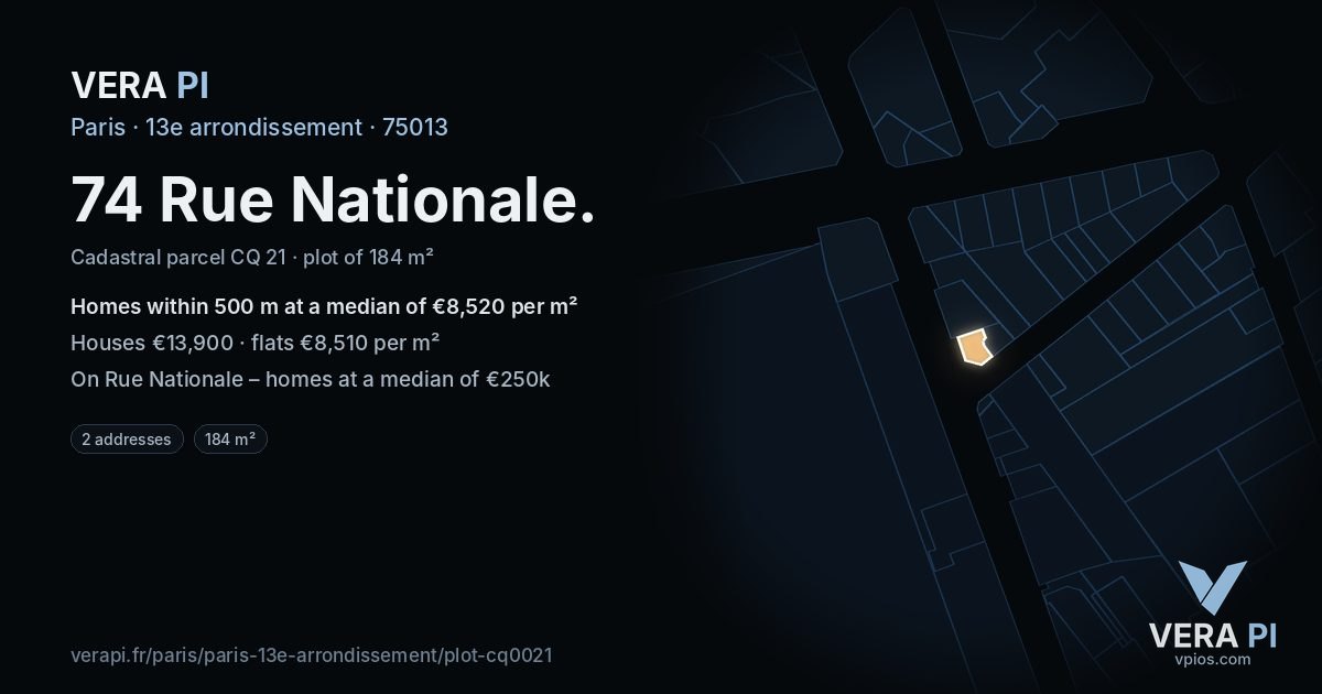 74 Rue Nationale, 13e arrondissement at night – the plot lit, the parcels around coloured by the prices near them