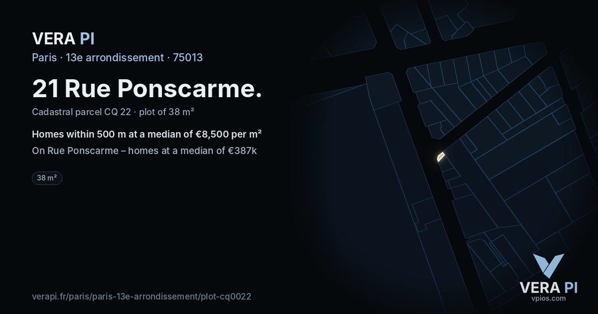 21 Rue Ponscarme, 13e arrondissement at night – the plot lit, the parcels around coloured by the prices near them