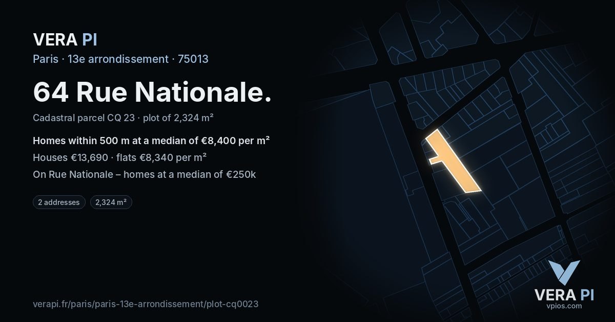 64 Rue Nationale, 13e arrondissement at night – the plot lit, the parcels around coloured by the prices near them