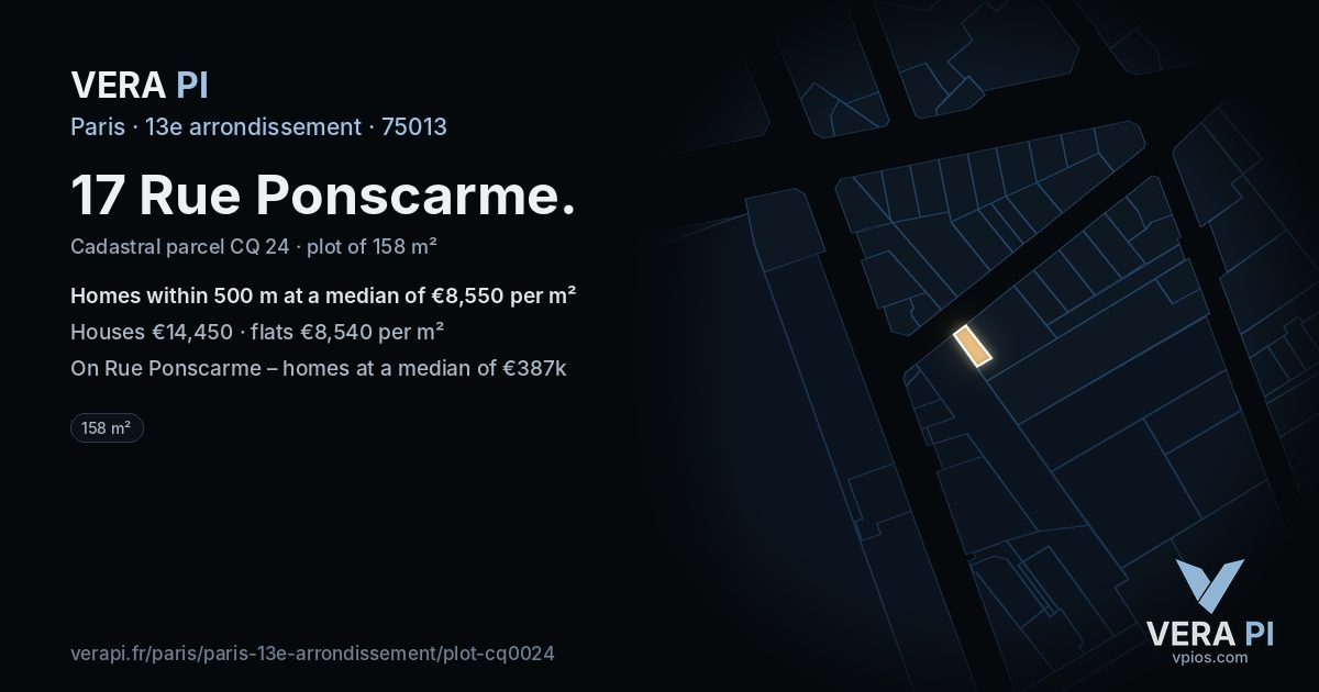 17 Rue Ponscarme, 13e arrondissement at night – the plot lit, the parcels around coloured by the prices near them
