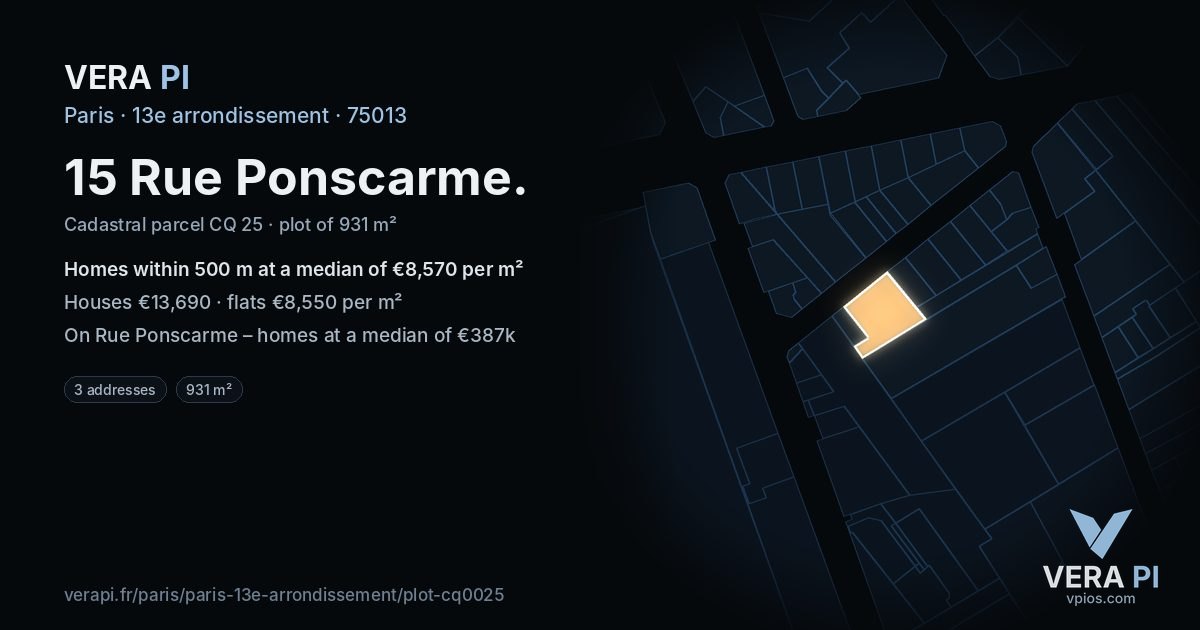 15 Rue Ponscarme, 13e arrondissement at night – the plot lit, the parcels around coloured by the prices near them
