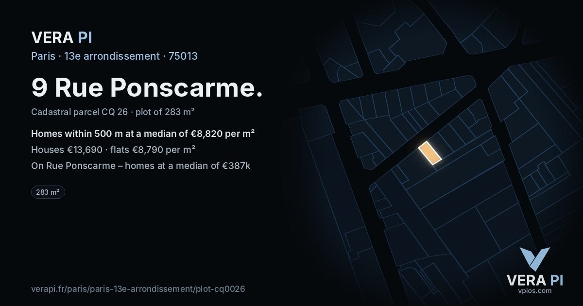 9 Rue Ponscarme, 13e arrondissement at night – the plot lit, the parcels around coloured by the prices near them