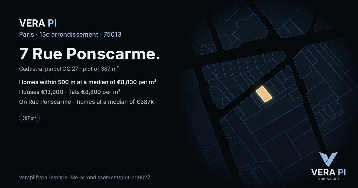 7 Rue Ponscarme, 13e arrondissement at night – the plot lit, the parcels around coloured by the prices near them