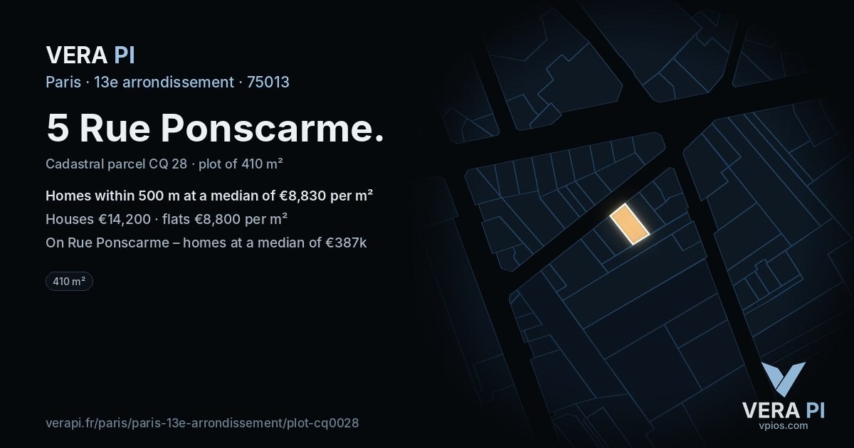 5 Rue Ponscarme, 13e arrondissement at night – the plot lit, the parcels around coloured by the prices near them