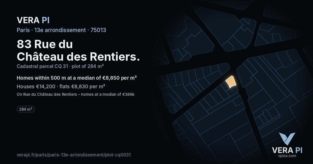83 Rue du Château des Rentiers, 13e arrondissement at night – the plot lit, the parcels around coloured by the prices near them