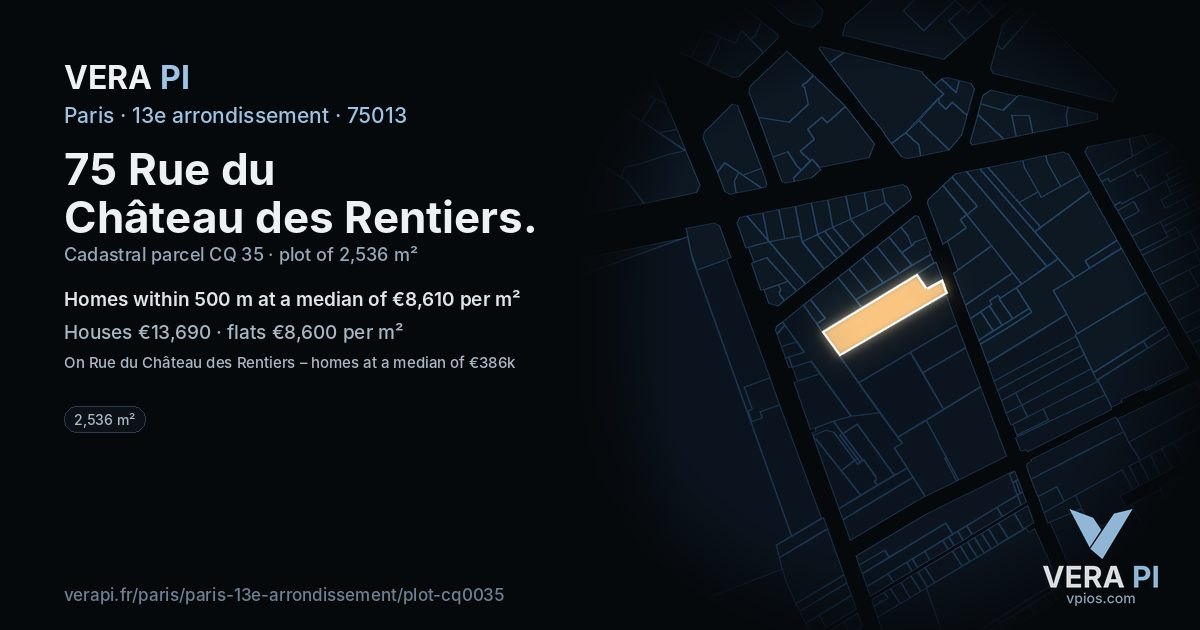 75 Rue du Château des Rentiers, 13e arrondissement at night – the plot lit, the parcels around coloured by the prices near them