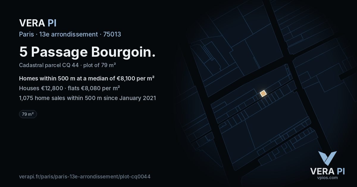 5 Passage Bourgoin, 13e arrondissement at night – the plot lit, the parcels around coloured by the prices near them