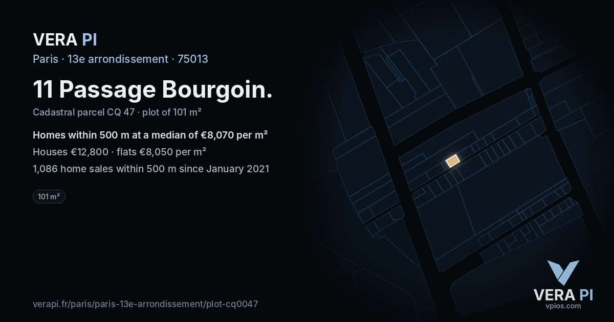 11 Passage Bourgoin, 13e arrondissement at night – the plot lit, the parcels around coloured by the prices near them
