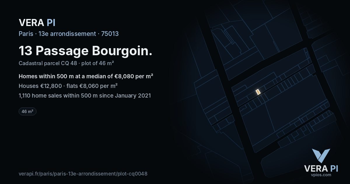 13 Passage Bourgoin, 13e arrondissement at night – the plot lit, the parcels around coloured by the prices near them