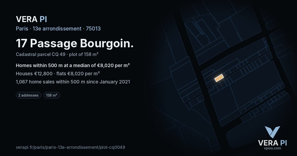 17 Passage Bourgoin, 13e arrondissement at night – the plot lit, the parcels around coloured by the prices near them