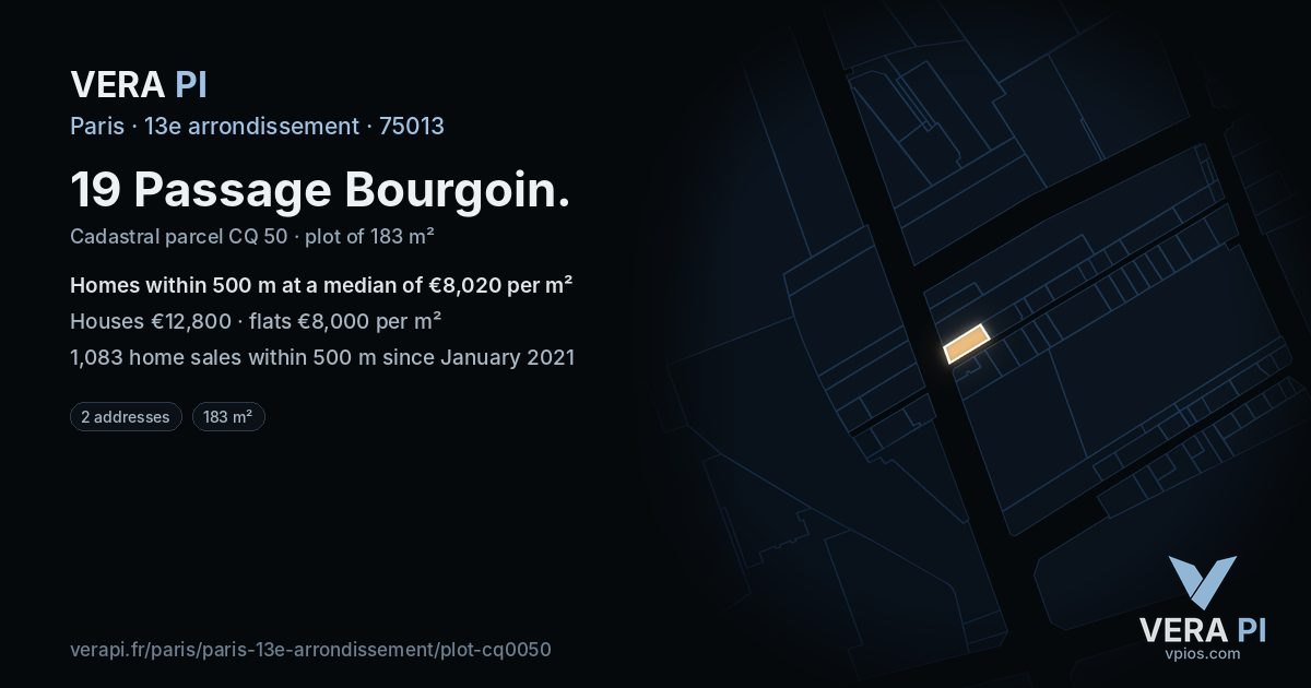 19 Passage Bourgoin, 13e arrondissement at night – the plot lit, the parcels around coloured by the prices near them