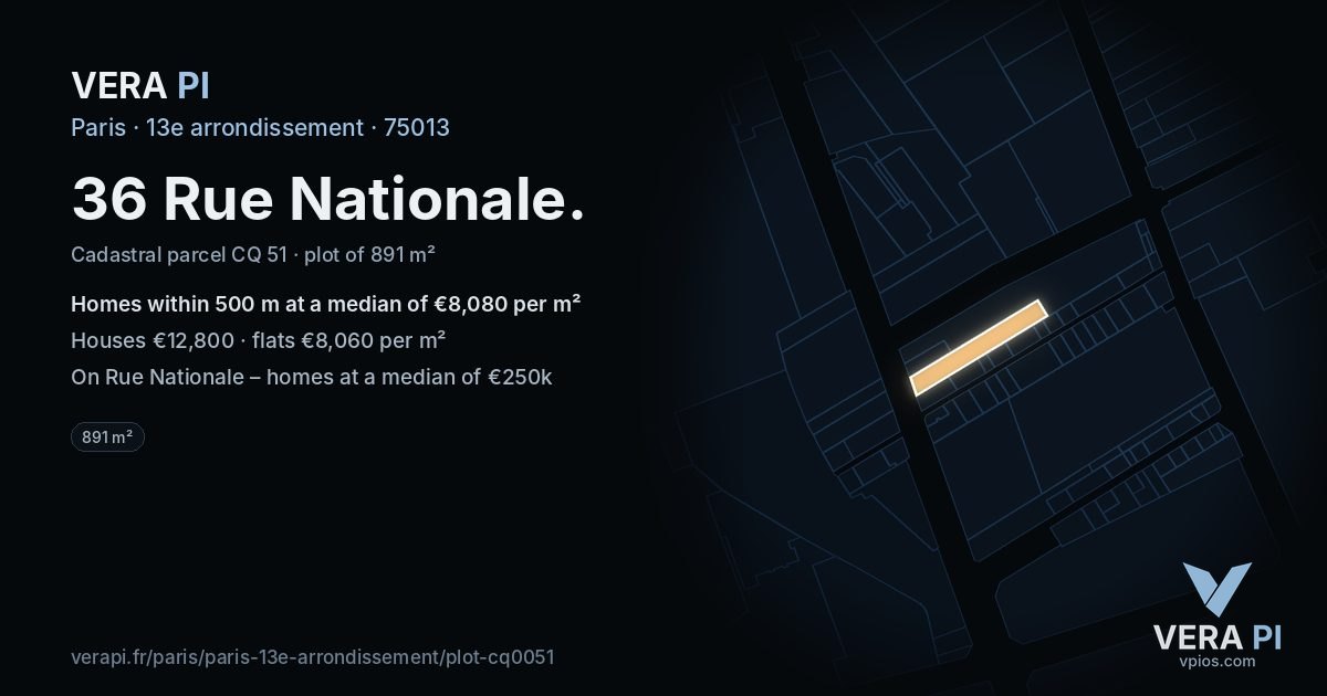 36 Rue Nationale, 13e arrondissement at night – the plot lit, the parcels around coloured by the prices near them