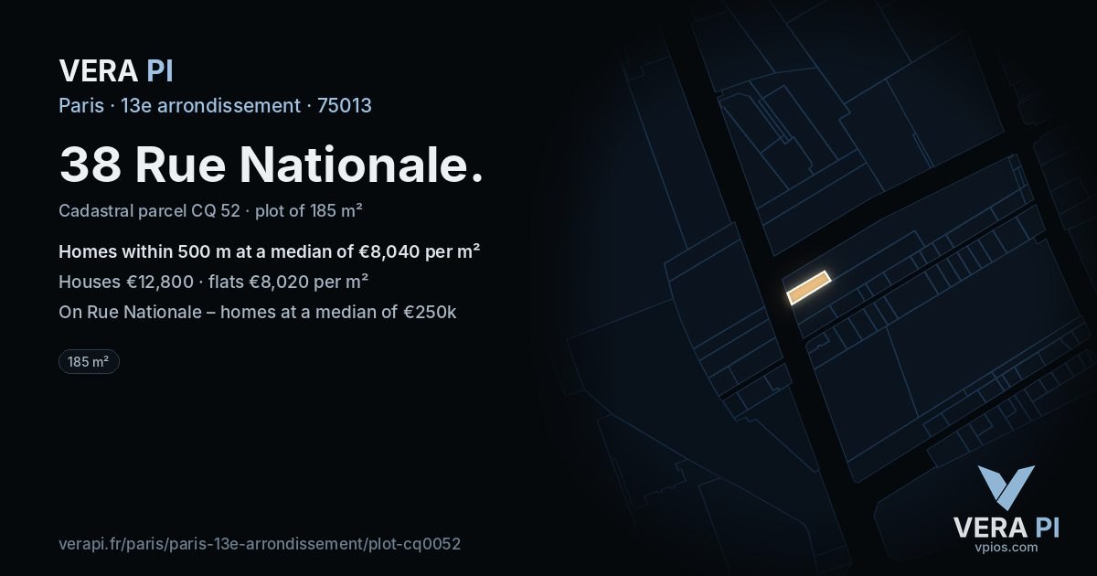 38 Rue Nationale, 13e arrondissement at night – the plot lit, the parcels around coloured by the prices near them