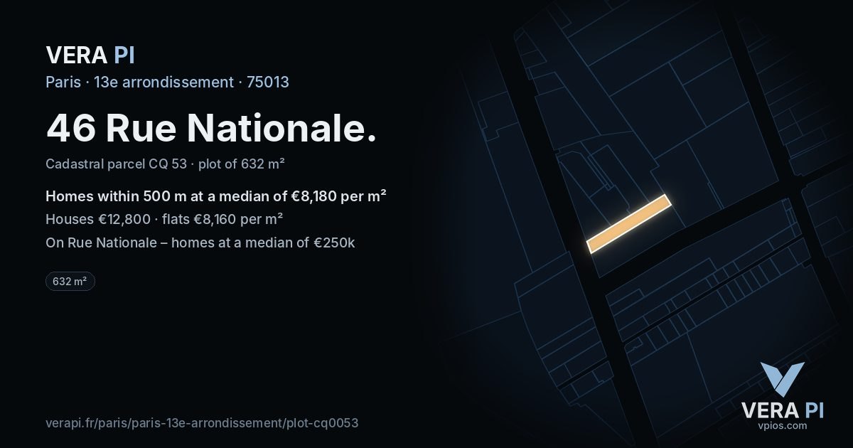 46 Rue Nationale, 13e arrondissement at night – the plot lit, the parcels around coloured by the prices near them