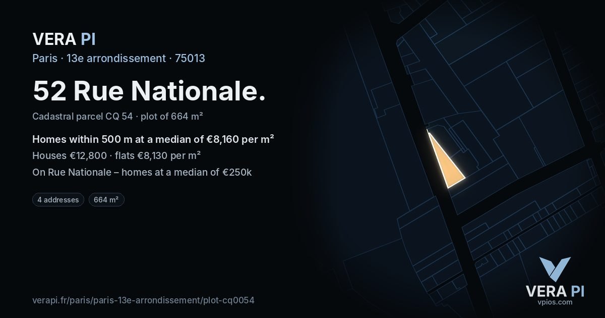 52 Rue Nationale, 13e arrondissement at night – the plot lit, the parcels around coloured by the prices near them