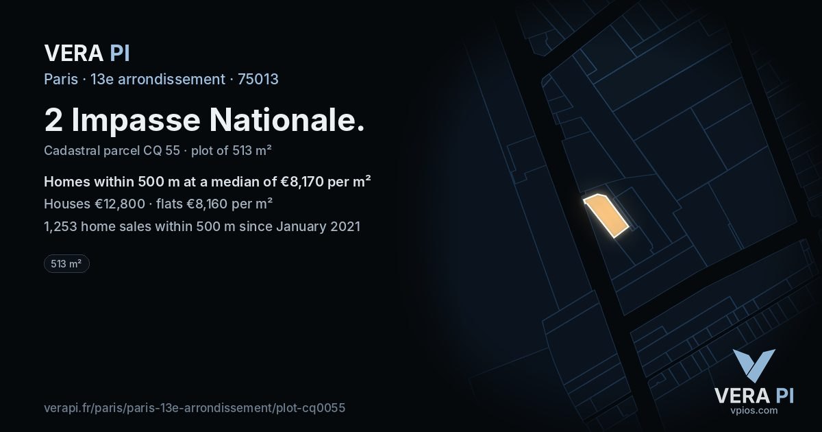 2 Impasse Nationale, 13e arrondissement at night – the plot lit, the parcels around coloured by the prices near them