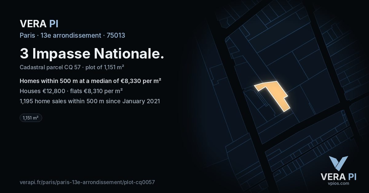 3 Impasse Nationale, 13e arrondissement at night – the plot lit, the parcels around coloured by the prices near them