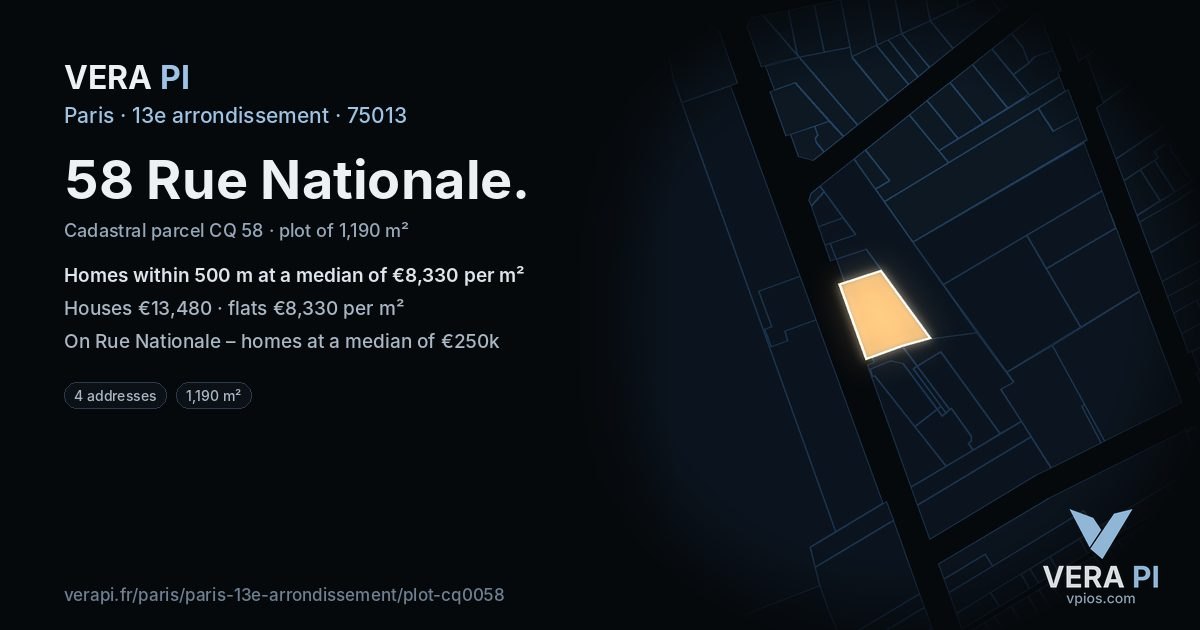 58 Rue Nationale, 13e arrondissement at night – the plot lit, the parcels around coloured by the prices near them