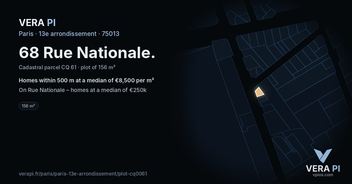 68 Rue Nationale, 13e arrondissement at night – the plot lit, the parcels around coloured by the prices near them