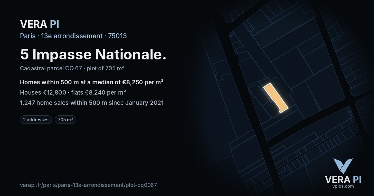 5 Impasse Nationale, 13e arrondissement at night – the plot lit, the parcels around coloured by the prices near them