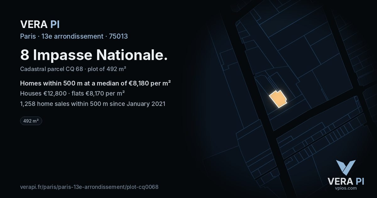 8 Impasse Nationale, 13e arrondissement at night – the plot lit, the parcels around coloured by the prices near them